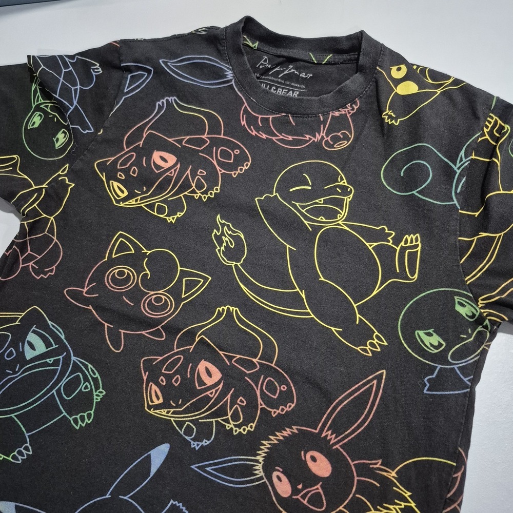 Pull & Bear Pokemon Shirt Mens Medium Black Allover Shiny Charmander Bulbasaur